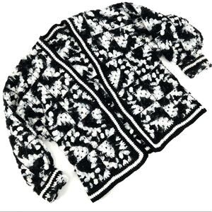 VTG Granny Square Open Front Balloon Sleeve Crochet Cardigan Sweater M/L Blk Wht